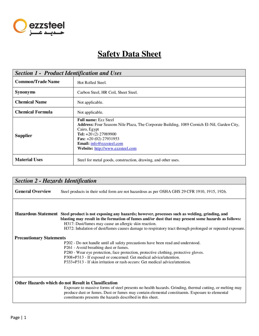Flat Products Material Safety Data Sheet