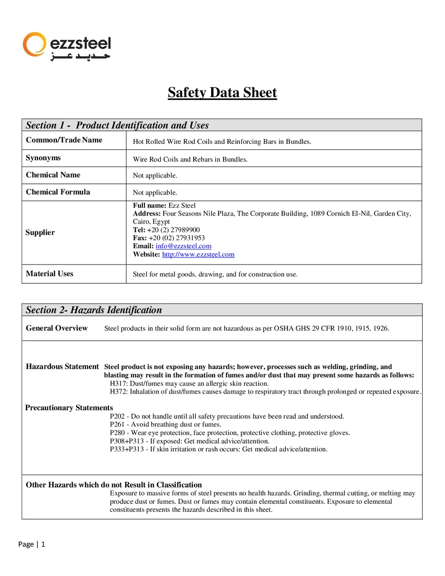 Long Products Material Safety Data Sheet
